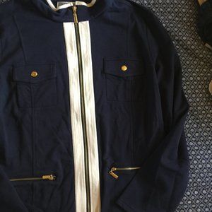 JM Collection Navy and White Accent Zip Jacket Size Gold Tone Zippers & Snaps L